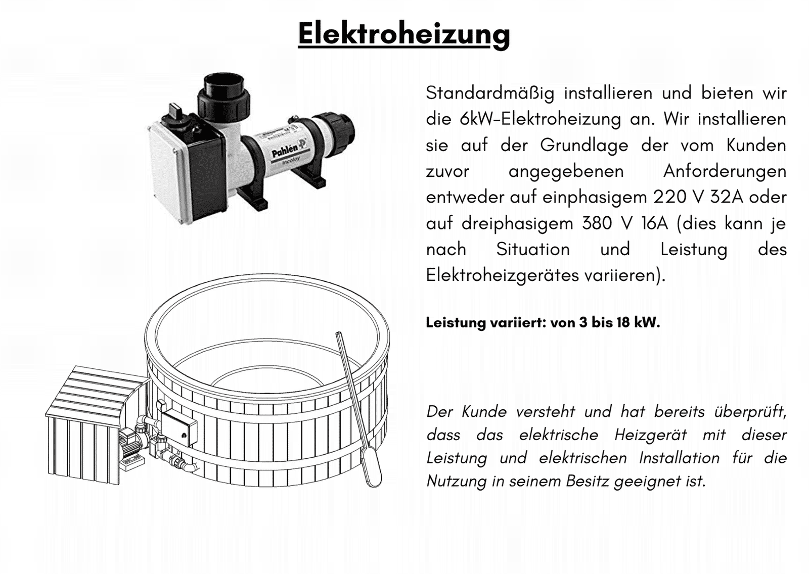 Elektrische Heizung 6 kW Badezuber GFK mit Aussenofen Holzofen Gasofen Dieselofen2