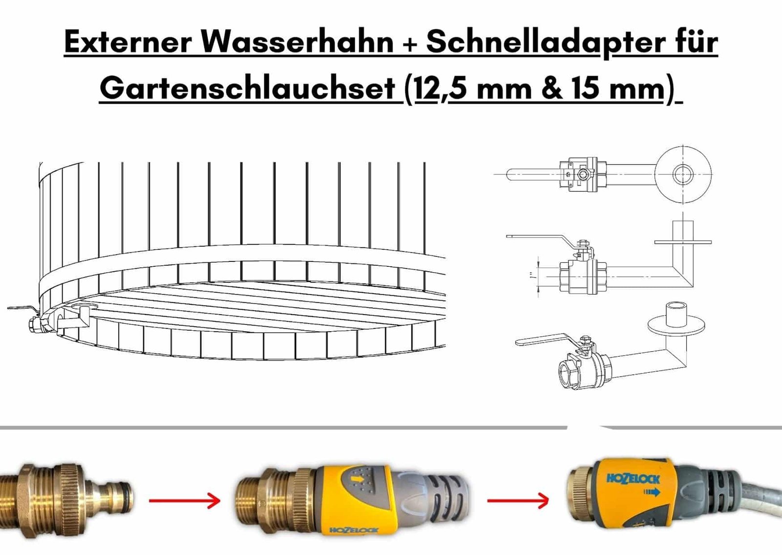 Externer Wasserhahn Schnelladapter fuer Gartenschlauchset 125 mm 15 mm