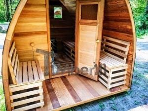 Outdoor Garten Holz Sauna Fasssauna Aussensauna rote Zeder mit Elektroheizung und Veranda 17